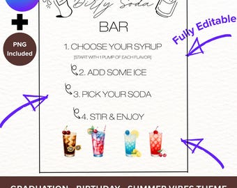 Plantilla editable de letrero para bar de refrescos sucios. Impresión de cóctel sin alcohol para bar de refrescos. Decoración para graduación, baby shower, despedida de soltera, cumpleaños.
