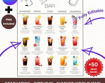 Plantilla editable de letrero de menú de refresco sucio, idea de estación personalizada para limonada, bebida, fiesta de graduación, cumpleaños de verano, baby shower, boda, lienzo