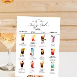May include: A menu titled "Dirty Soda" with various colorful drink illustrations. The menu includes drinks like "Honor Roll," "Class Dismissed," and "Berry Proud." A glass of a light-colored beverage is in the background.