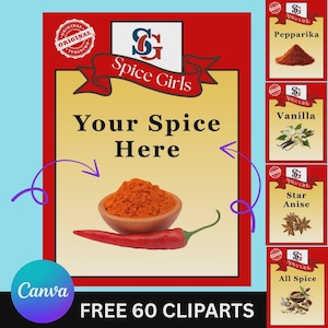 May include: A digital graphic template featuring a red border and a cream-colored center with the text "Spice Girls" and "Your Spice Here." The design includes a small wooden bowl of orange spice, a red chili pepper, and four smaller side panels.