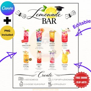 Op de afbeelding: Een digitale print met het thema "Lemonade Bar" met geïllustreerde cocktailrecepten. De afbeelding bevat het woord "Editable" en de tekst "PNG Included". Het toont illustraties van citroen, afstudeerhoed en rollen.