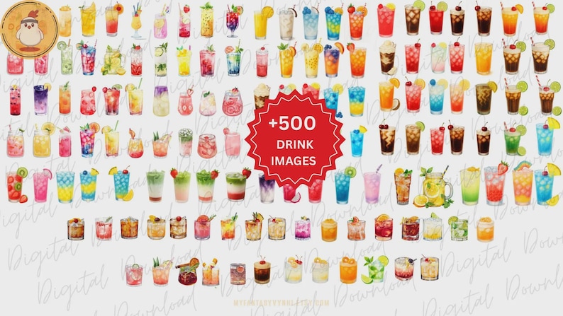 May include: A collection of over 500 watercolor drink images, including cocktails, smoothies, and other beverages. The drinks are in various glasses and garnished with fruit and herbs. The image includes a red circle with the text "+500 DRINK IMAGES".