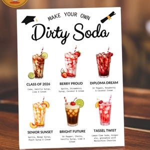 May include: A white sign with the text "Make Your Own Dirty Soda" and illustrations of six different soda recipes. Each drink is in a tall glass with ingredients listed below. The sign includes the Etsy shop URL.