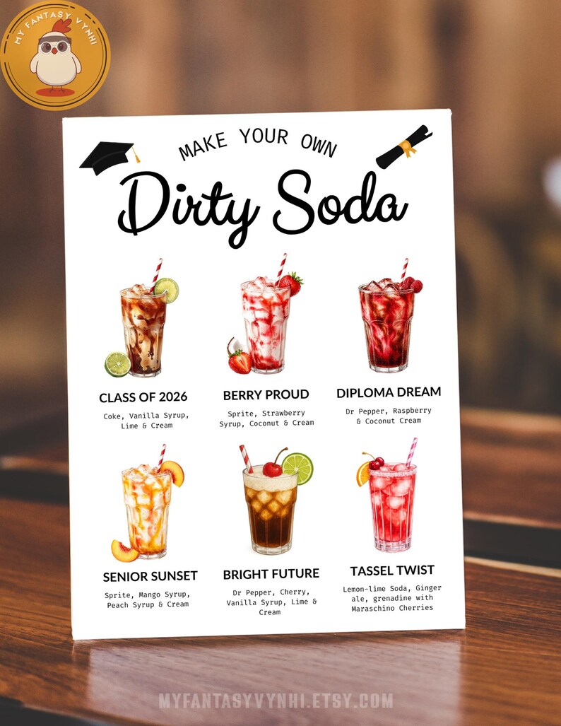 May include: A white sign with the text "Make Your Own Dirty Soda" and illustrations of six different soda recipes. Each drink is in a tall glass with ingredients listed below. The sign includes the Etsy shop URL.
