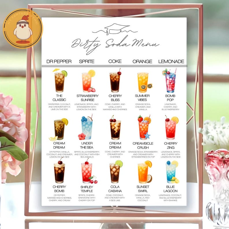 Puede incluir: Un "Men&uacute; de Soda Sucia" enmarcado con varias mezclas de refrescos coloridos. El men&uacute; incluye bebidas como "The Classic", "Strawberry Sunrise" y "Cherry Buss". El men&uacute; se muestra en un marco de oro rosa.