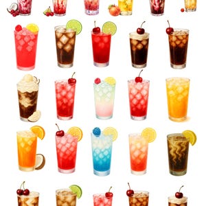 May include: A collection of colorful, refreshing cocktails in tall glasses, garnished with fruit and served with ice. The drinks include cherries, raspberries, lemons, limes, and other fruits. Some have whipped cream and striped straws.