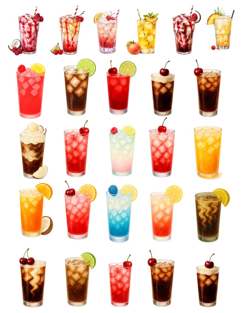 May include: A collection of colorful, refreshing cocktails in tall glasses, garnished with fruit and served with ice. The drinks include cherries, raspberries, lemons, limes, and other fruits. Some have whipped cream and striped straws.