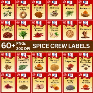 Puede incluir: Una colección de etiquetas rectangulares para especias con el logotipo de Spice Crew, cada una con el nombre de una especia y una ilustración correspondiente. Las etiquetas incluyen textos como Vanilla, Everything Bagel, Pumpkin Spice, All Spice, Thyme, Turmeric, Crushed Red Pepper, Cilantro, Cayenne Pepper, Ground Ginger, Apple Pie, Cinnamon, Star Anise, Rosemary Leaves, Ground Turmeric, Mustard Seed, Paprika, Chinese Five Spice, Saffron, Cumin, Nutmeg, Curry Powder, Poppy Seed y Chili Powder.