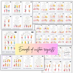 Puede incluir: Una colecci&oacute;n de men&uacute;s de bar y letreros de instrucciones estilo acuarela. Los letreros presentan varias ilustraciones de c&oacute;cteles coloridos, con texto como "Lemonade Bar" y "Example of custom requests". Ideal para bodas y eventos.