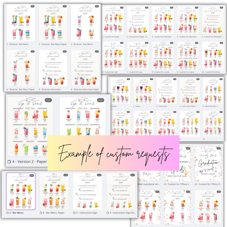 Puede incluir: Una colecci&oacute;n de men&uacute;s de bar y letreros de instrucciones estilo acuarela. Los letreros presentan varias ilustraciones de c&oacute;cteles coloridos, con texto como "Lemonade Bar" y "Example of custom requests". Ideal para bodas y eventos.