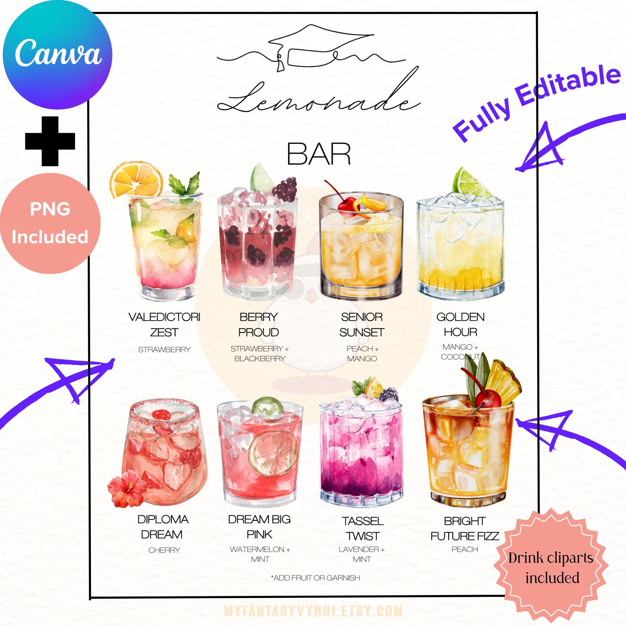 CUSTOM Graduation Party Lemonade Bar Menu Canva Template 6 Dirty Soda ...