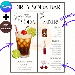 May include: A digital print featuring a "Dirty Soda Bar" menu. The menu includes a Coconut Lime Coke drink illustration with ingredients listed. Mixers, syrups, and toppings are also listed. The design includes a Canva logo and "PNG Included" text.
