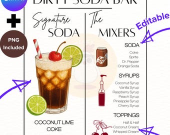 Plantilla de letrero de bar de refrescos sucios para imprimir y personalizar, impresión de cócteles sin alcohol, póster de menú de bebidas de autor, decoración para despedida de soltera, graduación, bar y baby shower.