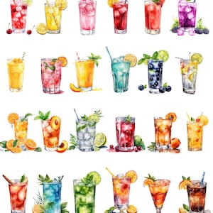 May include: Watercolor illustration of various refreshing cocktails. The image showcases a variety of colorful drinks, each in a tall glass with ice, garnishes, and straws. The drinks include options with cherries, lemons, oranges, and berries, creating a vibrant and appealing display.