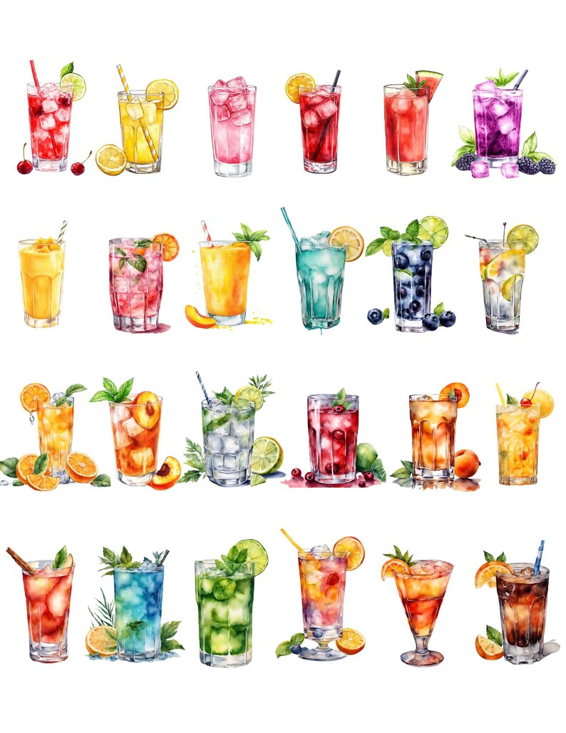 May include: Watercolor illustration of various refreshing cocktails. The image showcases a variety of colorful drinks, each in a tall glass with ice, garnishes, and straws. The drinks include options with cherries, lemons, oranges, and berries, creating a vibrant and appealing display.