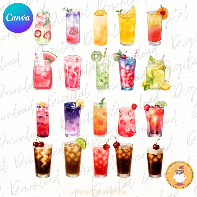 May include: Watercolor illustrations of various refreshing beverages, including cocktails and fruit-infused drinks. The image features a variety of colorful drinks with garnishes like strawberries, cherries, and citrus fruits. The Canva logo is visible in the upper left corner.