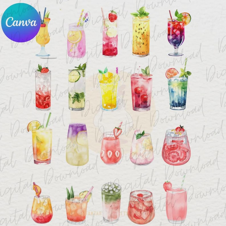May include: Watercolor illustration of various cocktails, including those with strawberries, lemons, and mint. The drinks are in different glasses, some with straws. The Canva logo is in the upper left corner.