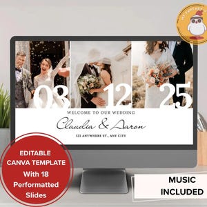 Könnte beinhalten: Ein digitaler Bildschirm mit einer Hochzeitseinladungsvorlage, drei Fotos eines Paares, dem Datum 03 12 25 und dem Text Welcome to our wedding, Claudia & Aaron, 123 Anywhere St., Any City. Der Bildschirm enthält ein bearbeitbares Canva-Vorlagenetikett.