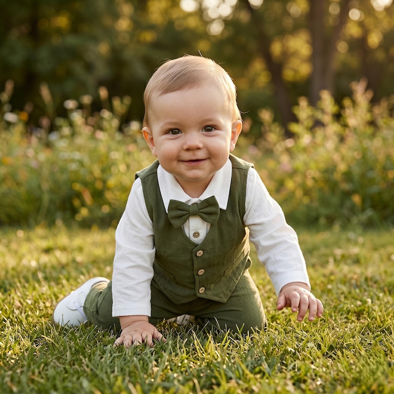 May include: A toddler outfit consisting of a long-sleeved white shirt, a dark olive green vest with four light-colored buttons, a matching dark olive green bow tie, and matching dark olive green trousers, paired with white shoes.