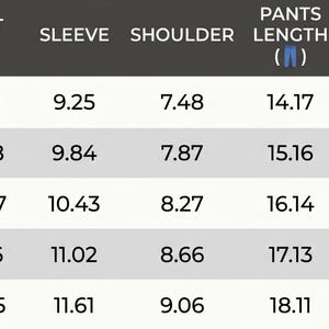 May include: A size chart for infant clothing featuring columns for size by advised age, tops length, bust, sleeve, shoulder, pants length, waist, vest length, and vest bust. The table displays numerical values in inches for five age ranges from 0-3M to 12-18M.