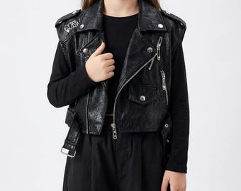 Chaleco estilo punk de piel sintética para niñas / Chaqueta elegante sin mangas para niños / Traje de motociclista de calle