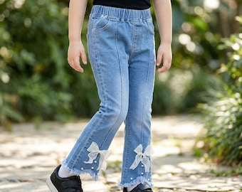 Pantalones vaqueros de mezclilla con lazo para niña pequeña / Pantalones ajustados con cintura elástica para niños / Ropa casual para el día a día