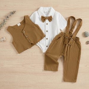Baby Boy Formal Outfit Suspender Set | Toddler Suit With Bow Tie | Wedding Birthday Photoshoot Outfit Brown
