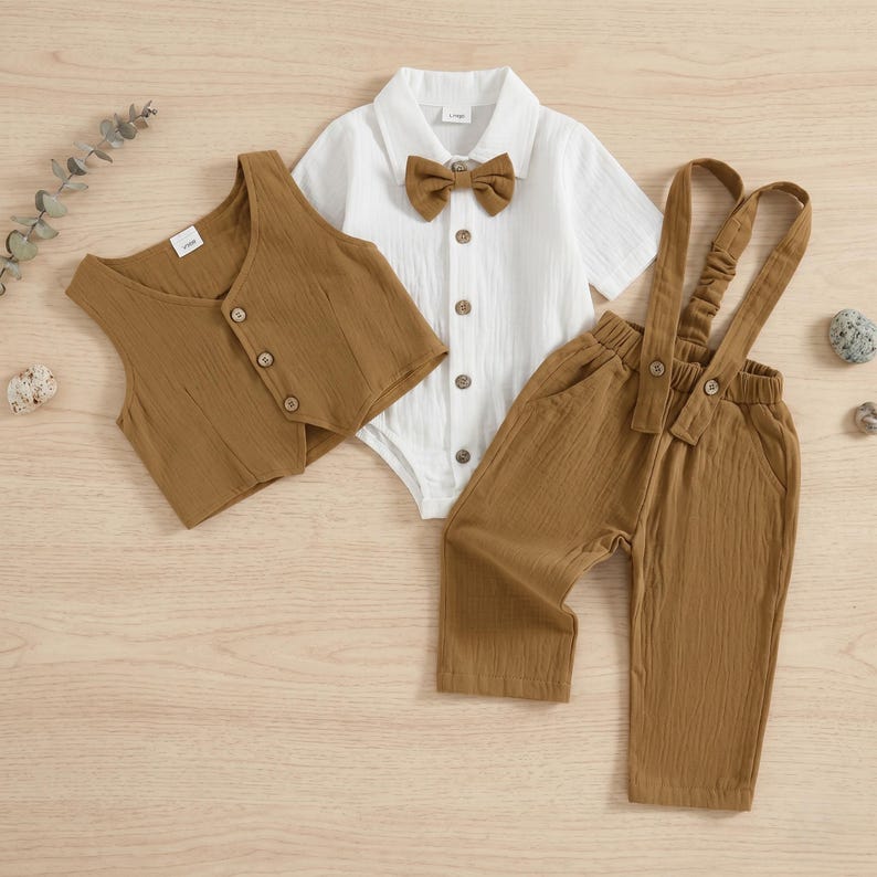 Baby Boy Formal Outfit Suspender Set | Toddler Suit With Bow Tie | Wedding Birthday Photoshoot Outfit Brown