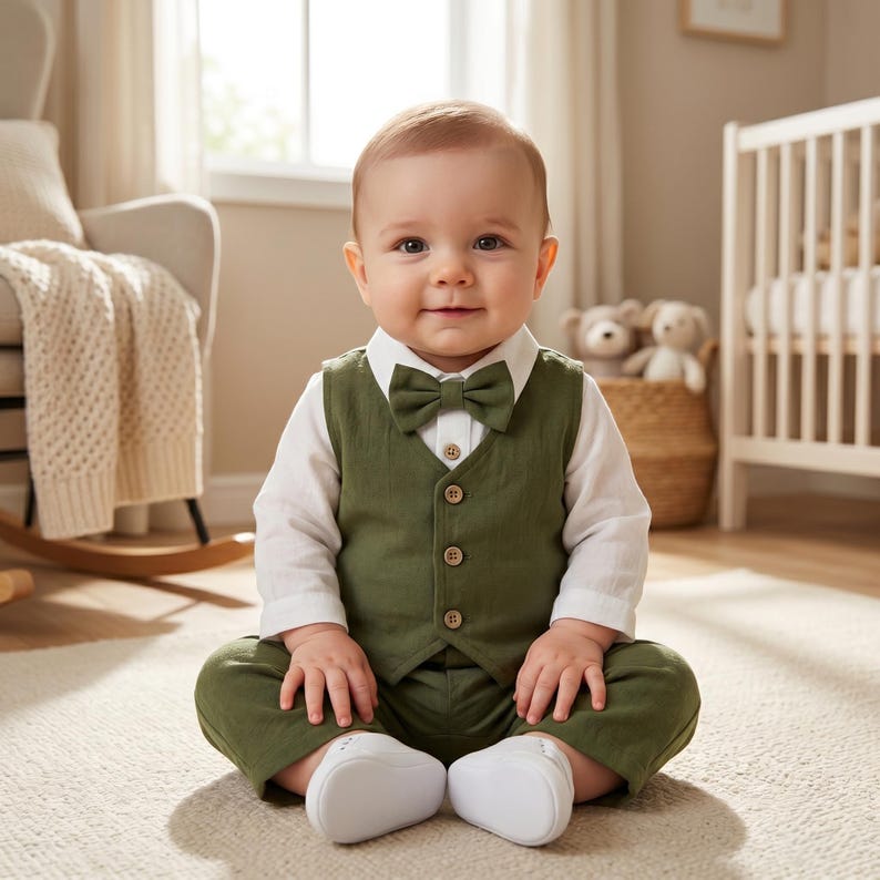 May include: A baby wearing a long-sleeved white collared shirt, an olive green vest with four light-colored buttons, a matching olive green bow tie, olive green trousers, and plain white soft-soled shoes while sitting on a light-colored rug.