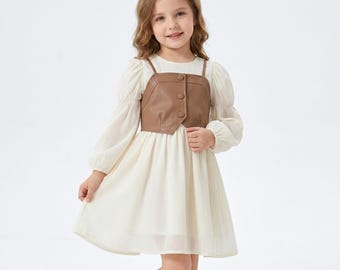 Girls Ball Gown Dress with PU Leather Vest | Elegant Party Outfit
