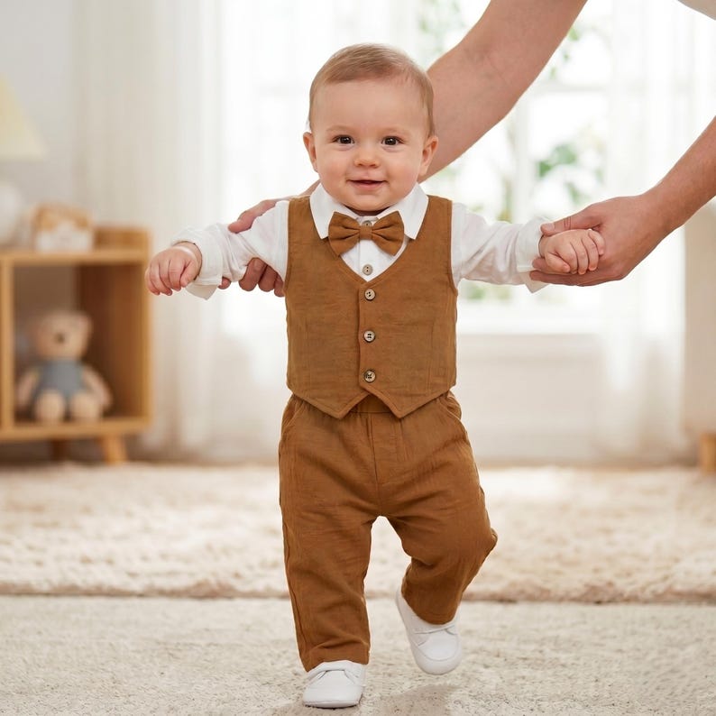 May include: A toddler outfit consisting of a white long-sleeved button-down shirt, a brown vest with three buttons, a matching brown bow tie, and brown trousers. The ensemble features a textured fabric and is worn with simple white shoes.