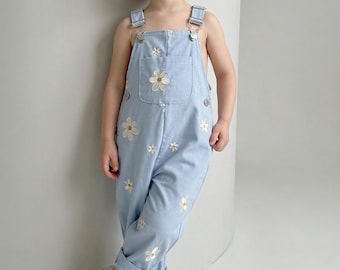 Baby Floral Denim Overalls | Embroidered Toddler Jumpsuit | Unisex Suspender Pants