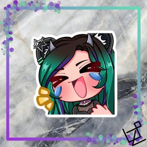 May include: A sticker depicting a cartoon character with green and purple hair, devil horns, and a black outfit. The character is laughing with tears and a wide open mouth. The sticker has a white border and is set against a marble background.