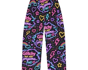 Glitchy But Still Gorgeous pyjamabroek | neon hartjes regenbogen bliksem all-over print