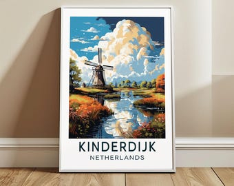 Kinderdijk Travel Poster Wall Art, Netherlands, Molenlanden Wall Hanging Home Decor, EU Travel Print, Europe Art Lover Gift