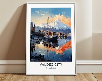 Valdez City Travel Poster Wall Art, Alaska, US Wall Hanging Home Decor, United States Travel Print, USA Art Lover Gift