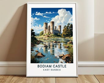 Bodiam Castle Travel Poster Wall Art, East Sussex, England Wall Hanging Home Decor, UK Travel Print, United Kingdom Art Lover Gift