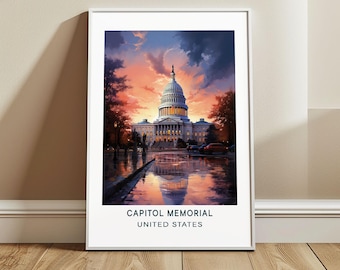 Capitol Memorial Travel Poster Wall Art, Washington DC, US Wall Hanging Home Decor, United States Travel Print, USA Art Lover Gift