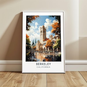 Könnte beinhalten: Ein gerahmter Aquarelldruck einer Universitäts-Campus-Szene. Das Kunstwerk zeigt ein hohes, verziertes Gebäude mit einem Glockenturm, umgeben von Bäumen mit orangefarbenem und grünem Laub. Der Druck enthält den Text "BERKELEY CALIFORNIA" am unteren Rand.