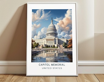 Capitol Memorial Travel Poster Wall Art, Washington DC, US Wall Hanging Home Decor, United States Travel Print, USA Art Lover Gift