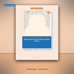 May include: A digital printable planner titled PhD Research and Dissertation Timeline Planner, featuring a geometric line art border, a blue header section, and the year 2026. The document includes 53+ pages in PDF format, available in A4 and US Letter sizes.