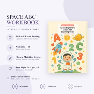 May include: A Space ABC Workbook featuring a cover with an astronaut, rocket, planet, letters, and numbers. The text reads Space ABC Workbook, Letters, Numbers & More, and Space Explorers ABC & 123 Learning Book. Includes tracing, shapes, and matching.