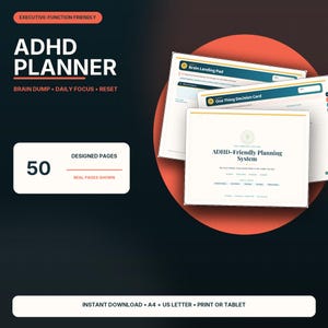 Agenda per adulti con ADHD, per svuotare la mente, scomporre le attività, gestire il tempo, organizzare la routine e la vita quotidiana, PDF stampabile e compilabile.