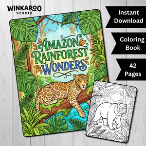 Puede incluir: Un libro para colorear titulado "Amazon Rainforest Wonders" con una ilustración de un jaguar. La portada está rodeada de follaje verde. El texto incluye "Descarga instantánea", "Libro para colorear" y "42 páginas".