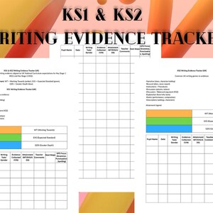 May include: A white educational chart titled "KS1 & KS2 WRITING EVIDENCE TRACKER" with columns for student data and writing assessment. The chart includes sections for writing tasks, evidence, and teacher comments. The background has orange and pink gradients.