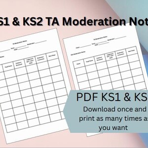 Może przedstawiać: Dwa białe arkusze papieru z układem siatki dla notatek moderacyjnych TA KS1 i KS2. Tekst na niebiesko-szarym banerze brzmi "PDF KS1 i KS2. Pobierz raz i drukuj tyle razy, ile chcesz."