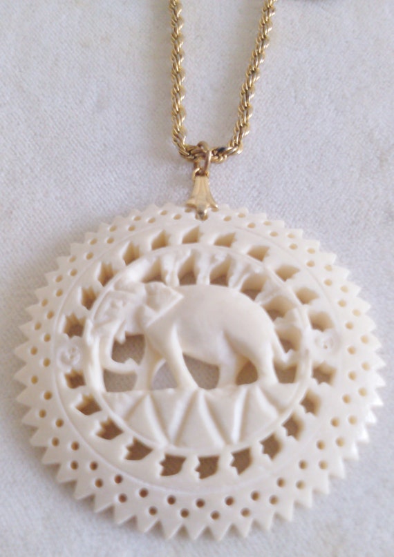 REDUCED Carved Elephant Disc on 30" Gold Filled T