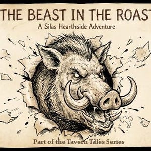 Op de afbeelding: Illustratie van een wild zwijn dat door een gescheurde papieren achtergrond breekt. De afbeelding draagt de titel "The Beast in the Roast: A Silas Hearthside Adventure" en maakt deel uit van de "Tavern Tales Series". Het zwijn heeft grote slagtanden en een boze uitdrukking.