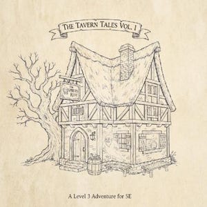 May include: Illustration of a tavern called "The Spirits' Rest" with a thatched roof, a sign, and a tree. The text "THE SPIRITS' REST" is at the top. Below the tavern is the text "A Level 3 Adventure for 5E".