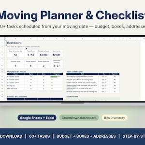 May include: A digital moving planner and checklist displayed on a laptop screen, featuring a dashboard with budget, task, and box tracking. Below the screen are buttons for Google Sheets, Excel, a countdown dashboard, and box inventory.